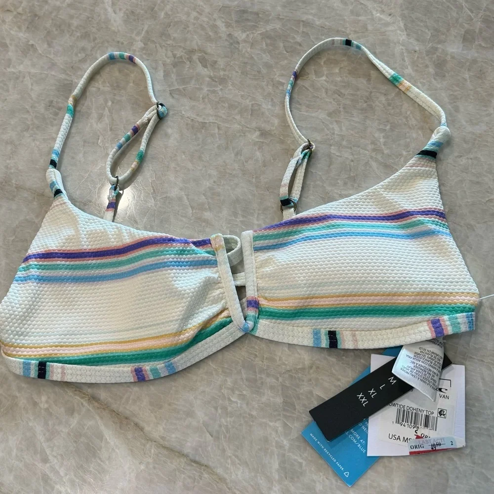 NWT O’Neill LOWTIDE PIQUE DOHENY‎ V-WIRE BRALETTE BIKINI SWIM TOP vanilla stripe